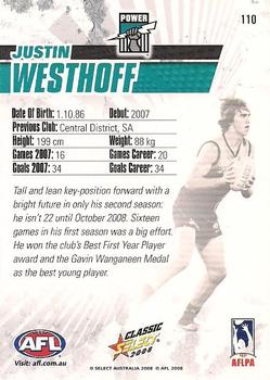 2008 Select AFL Classic #110 Justin Westhoff Back